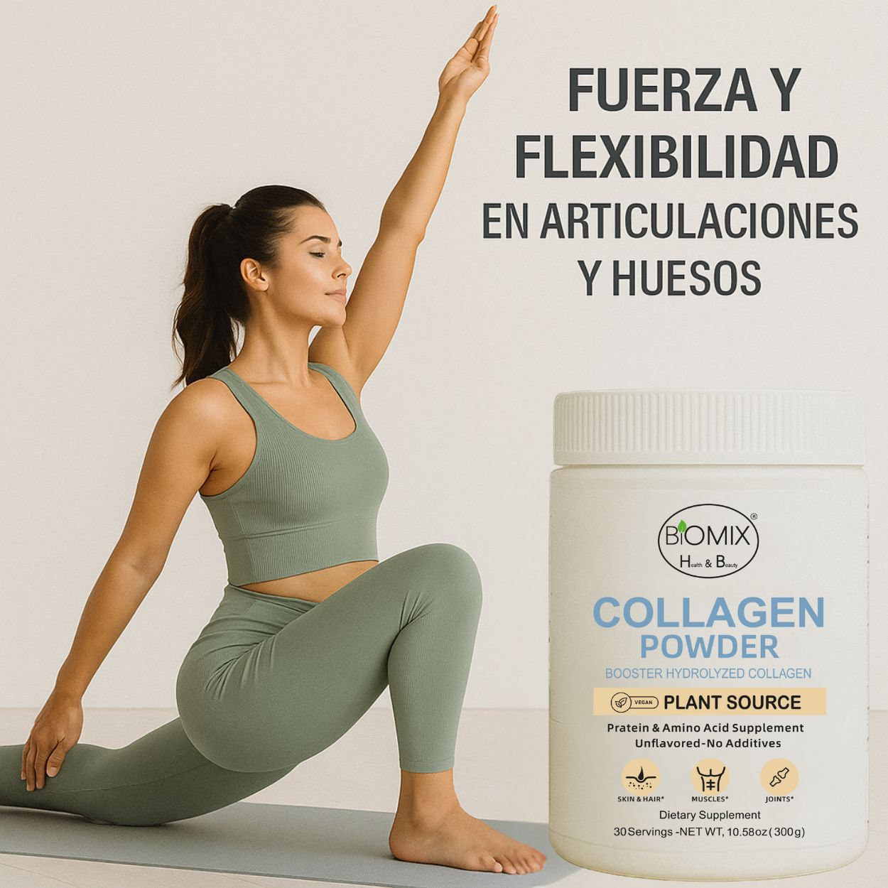 Potenciador de Colágeno Hidrolizado 300 g – Vegano, Sin Sabor, Alta Absorción – Apoya Piel, Cabello, Articulaciones y Músculos 30 servicios