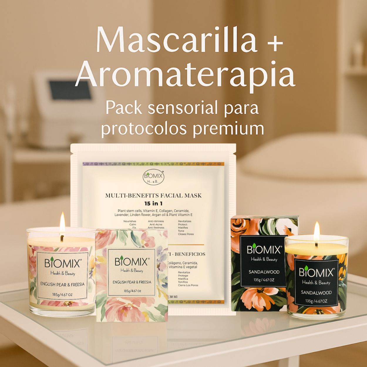 Set Spa Premium 2 Velas con Aceites Esenciales de Sándalo y Pera Fresia + 4 Mascarillas 15 en 1 con Células Madre, Colágeno, Argán y Ceramidas | Vegano