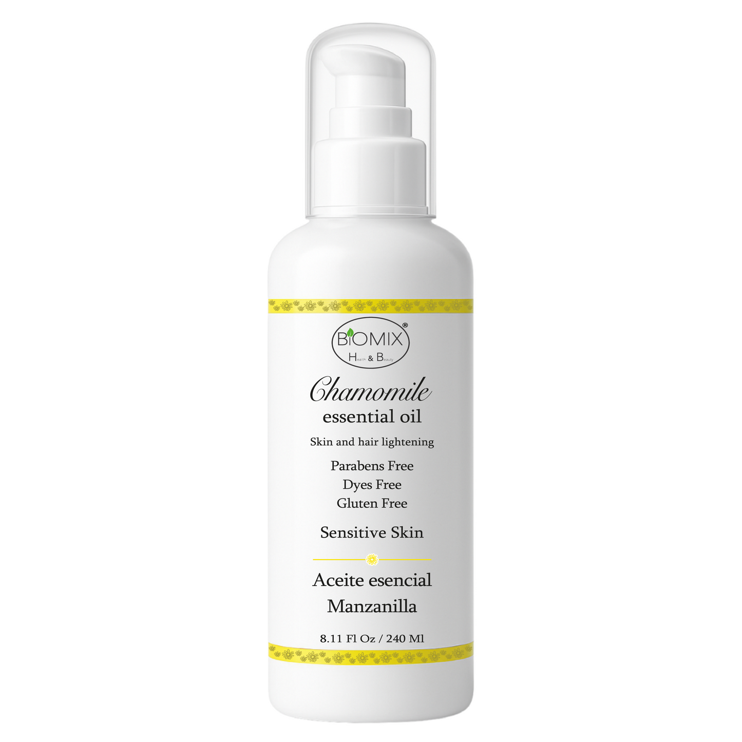 Aceite De Manzanilla Aclarante Para Cabello, Rostro Y Cuerpo 240 Ml. Uso en hogar, centros estético, spa, aparatología