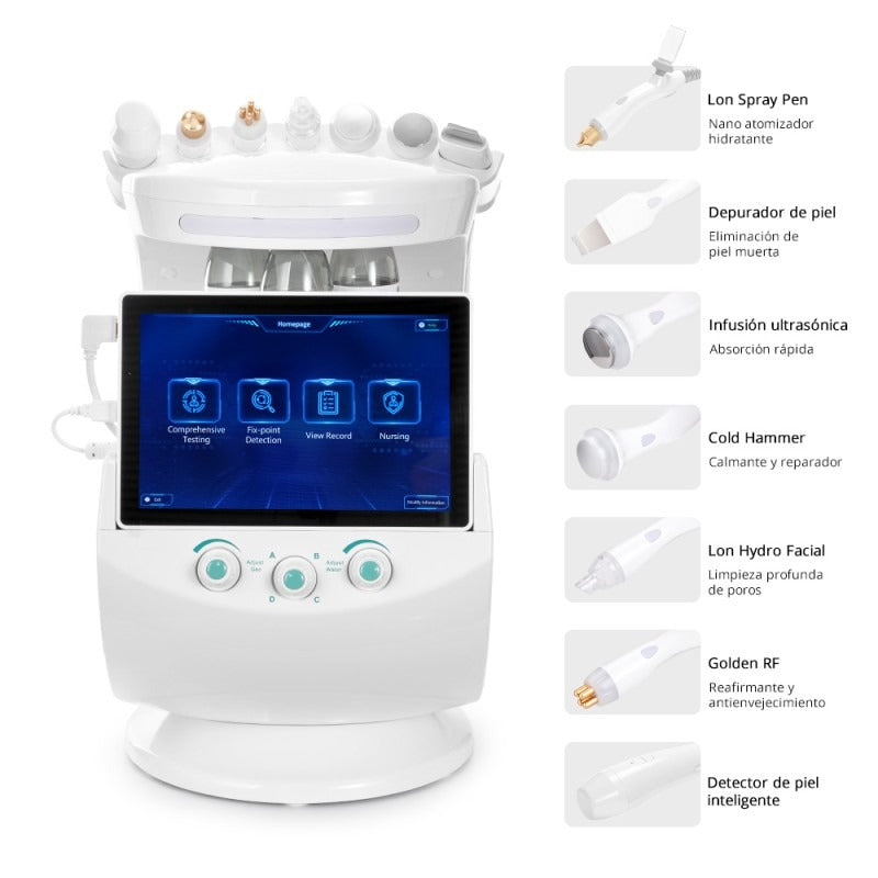 Radiofrecuencia Dorada 7 en 1 Hidrofacial con Análisis Facial IA, Pala Ultrasónica, Nano Spray, Ultrasonido y Cabezal Frío, Smart Ice Blue