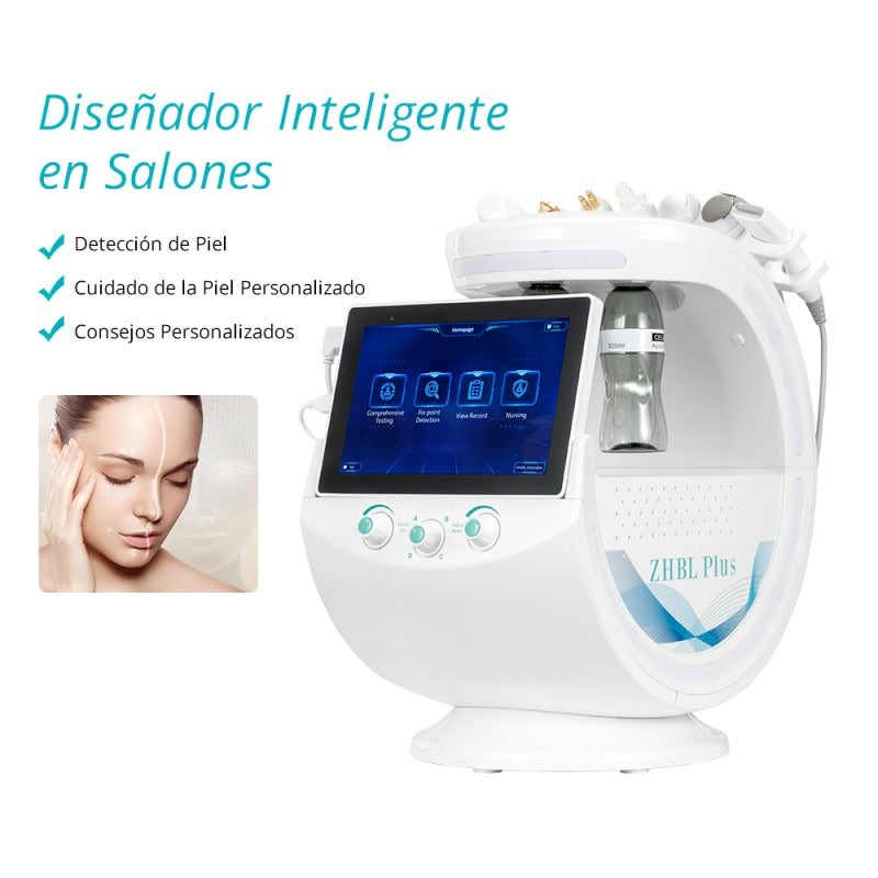 Radiofrecuencia Dorada 7 en 1 Hidrofacial con Análisis Facial IA, Pala Ultrasónica, Nano Spray, Ultrasonido y Cabezal Frío, Smart Ice Blue