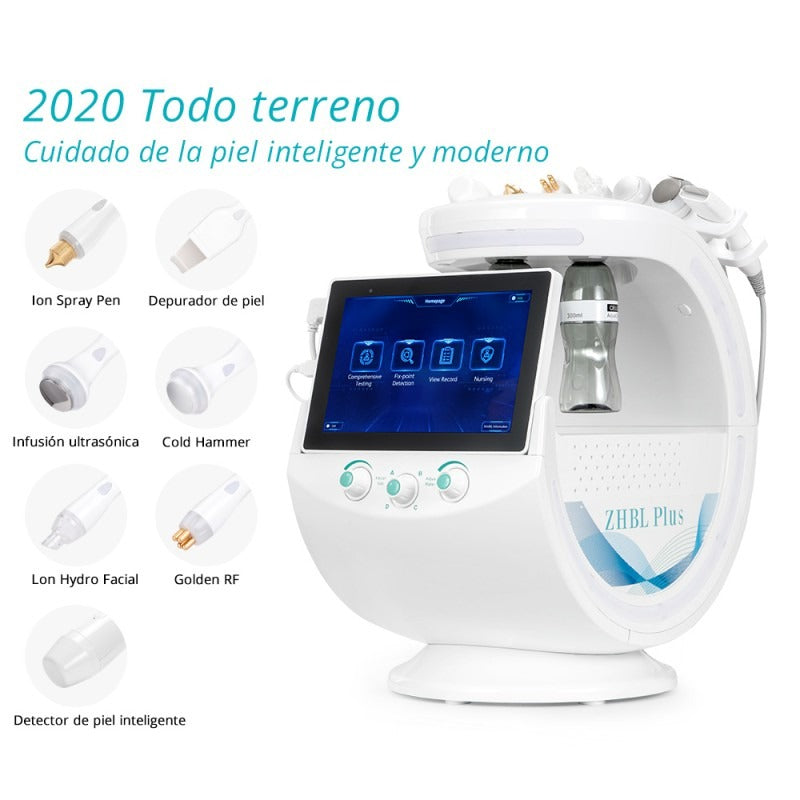 Radiofrecuencia Dorada 7 en 1 Hidrofacial con Análisis Facial IA, Pala Ultrasónica, Nano Spray, Ultrasonido y Cabezal Frío, Smart Ice Blue