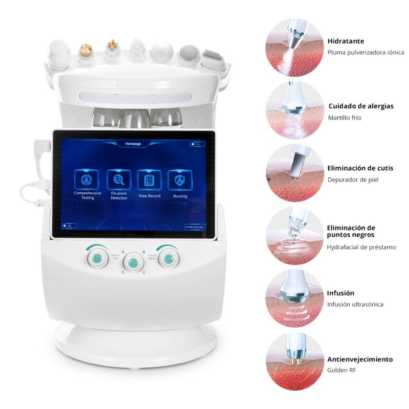 Radiofrecuencia Dorada 7 en 1 Hidrofacial con Análisis Facial IA, Pala Ultrasónica, Nano Spray, Ultrasonido y Cabezal Frío, Smart Ice Blue