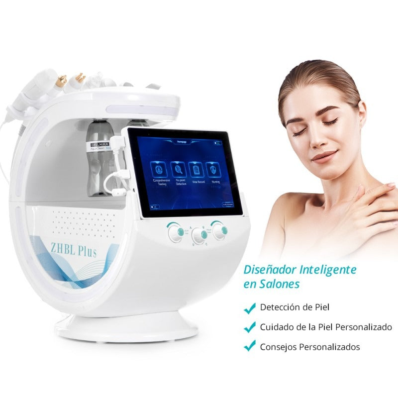 Radiofrecuencia Dorada 7 en 1 Hidrofacial con Análisis Facial IA, Pala Ultrasónica, Nano Spray, Ultrasonido y Cabezal Frío, Smart Ice Blue