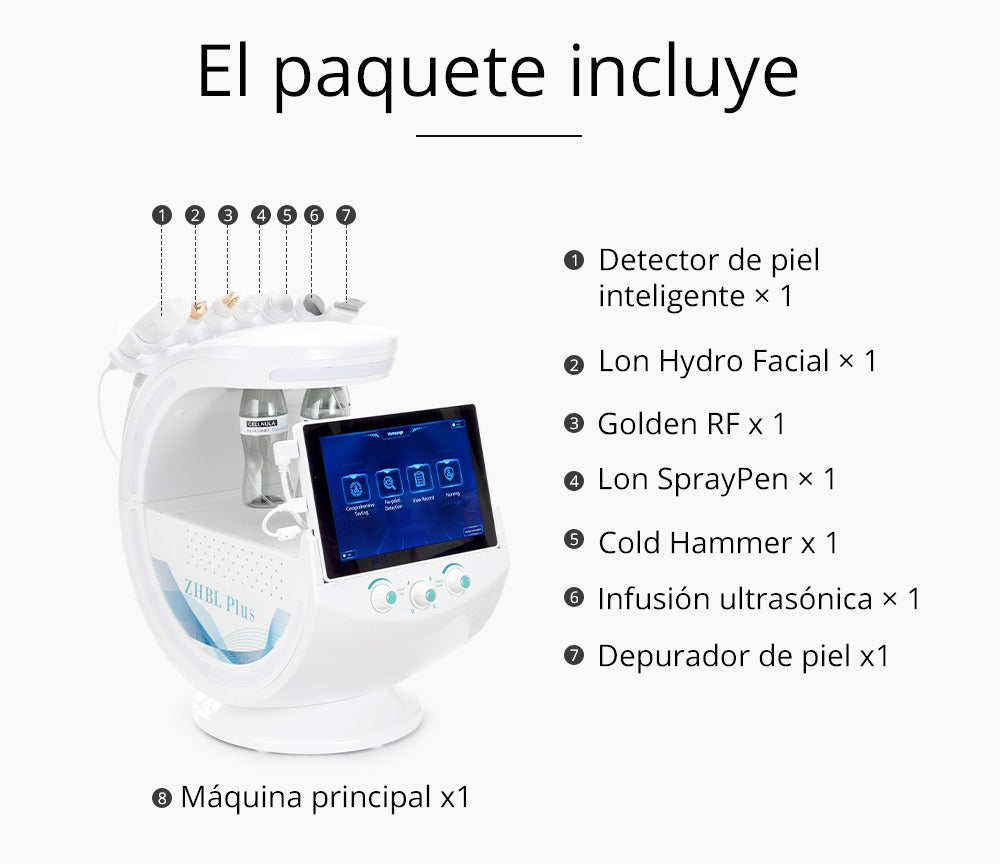 Radiofrecuencia Dorada 7 en 1 Hidrofacial con Análisis Facial IA, Pala Ultrasónica, Nano Spray, Ultrasonido y Cabezal Frío, Smart Ice Blue
