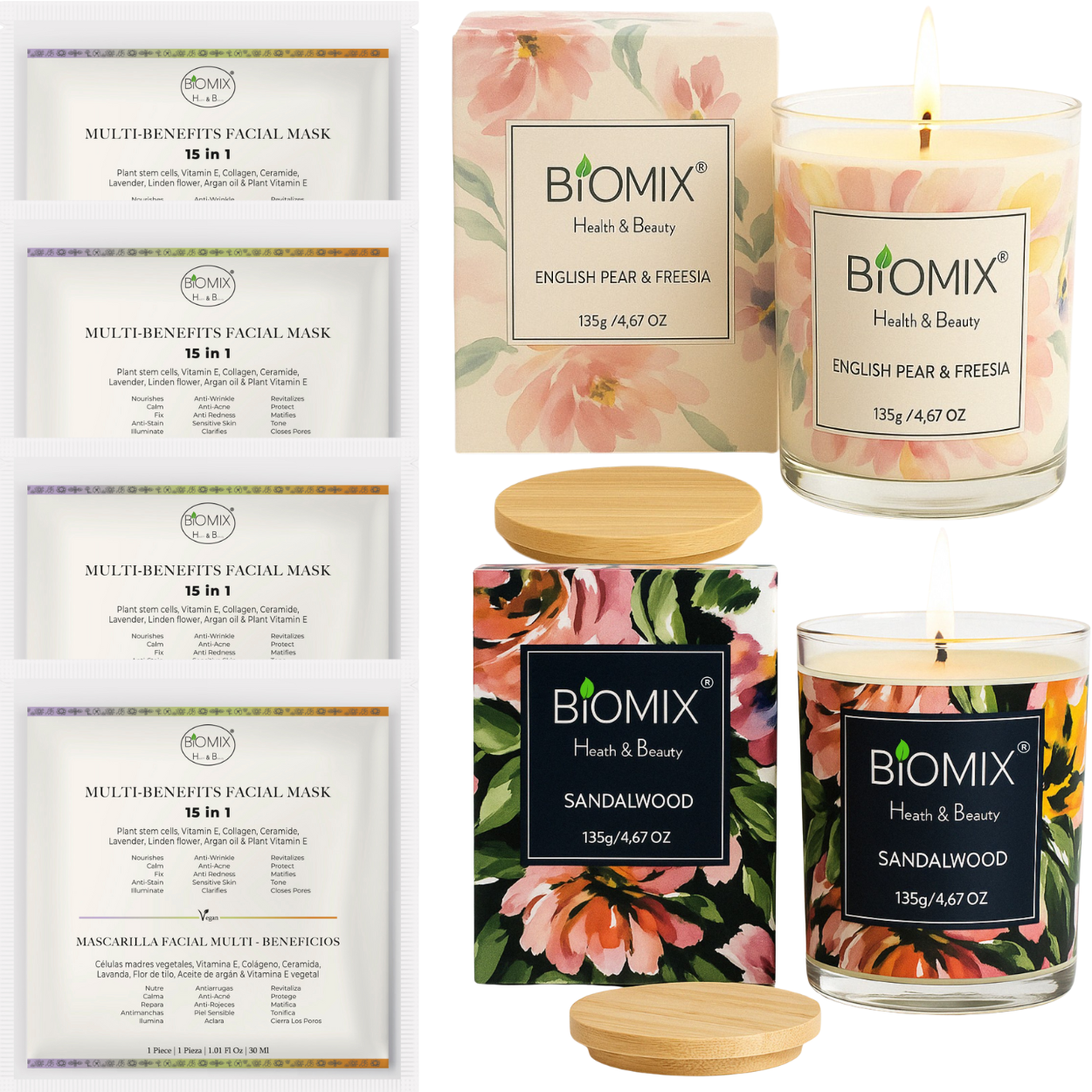 Set Spa Premium 2 Velas con Aceites Esenciales de Sándalo y Pera Fresia + 4 Mascarillas 15 en 1 con Células Madre, Colágeno, Argán y Ceramidas | Vegano