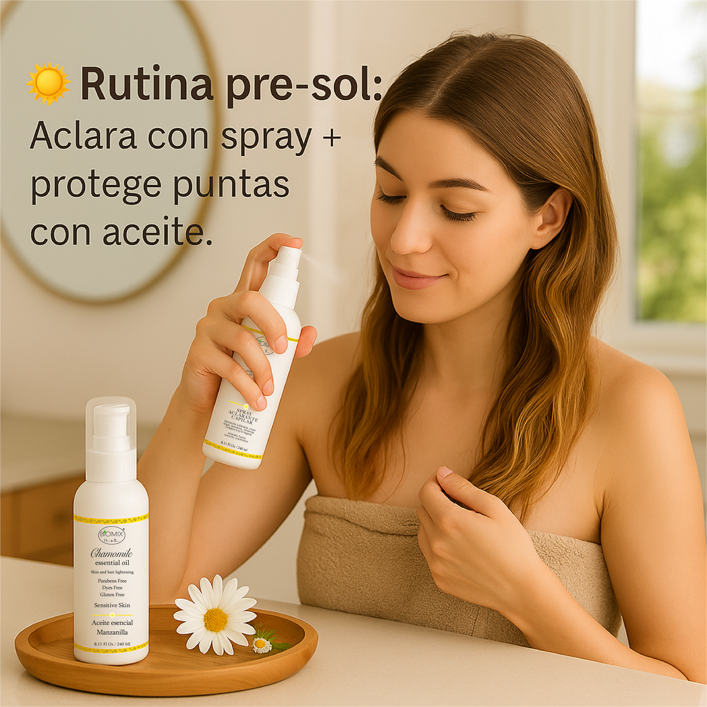 Pack Spray Aclarante + Aceite de Manzanilla Biomix 240ml | Cabello Luminoso, Nutrición y Cuidado Profesional | Vegano y Sin Parabenos