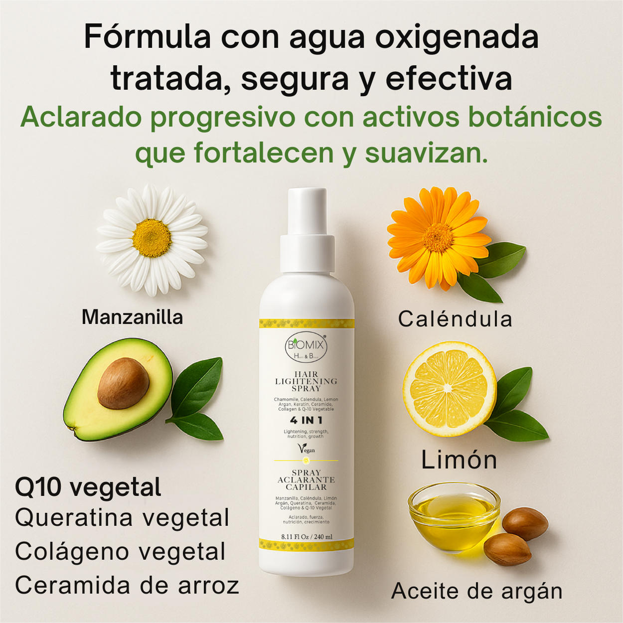 Spray Aclarante Vegano para Cabello con Manzanilla, Limón, Argán, Q1O, Ceramida, Colágeno vegetal 240 Ml