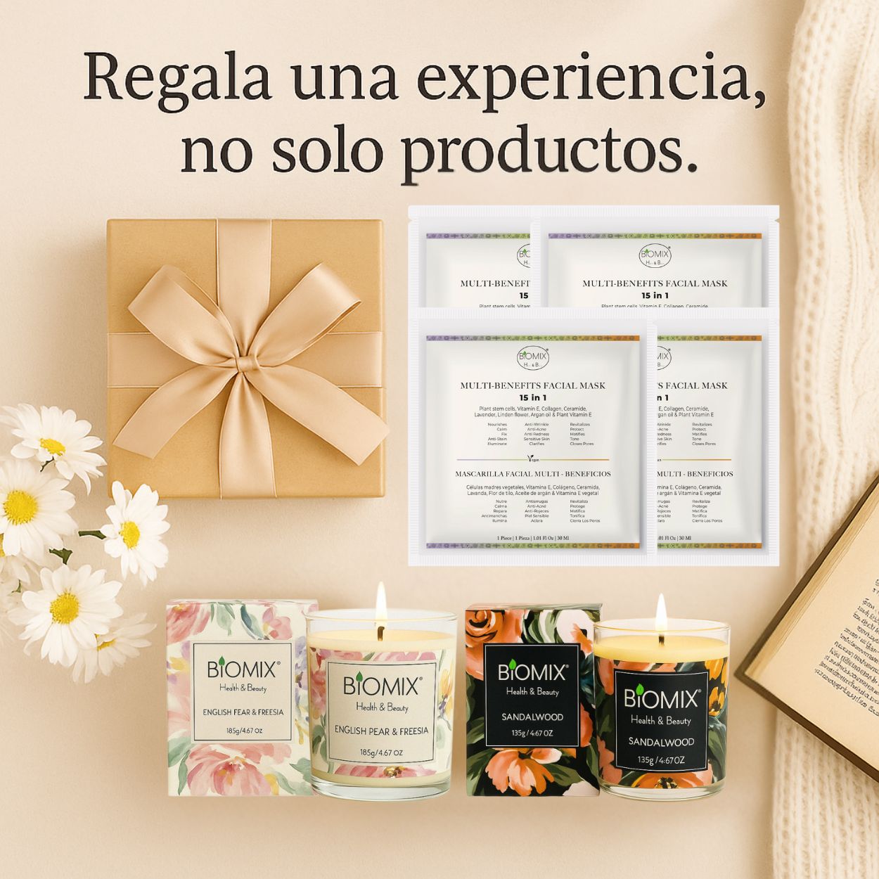 Set Spa Premium 2 Velas con Aceites Esenciales de Sándalo y Pera Fresia + 4 Mascarillas 15 en 1 con Células Madre, Colágeno, Argán y Ceramidas | Vegano