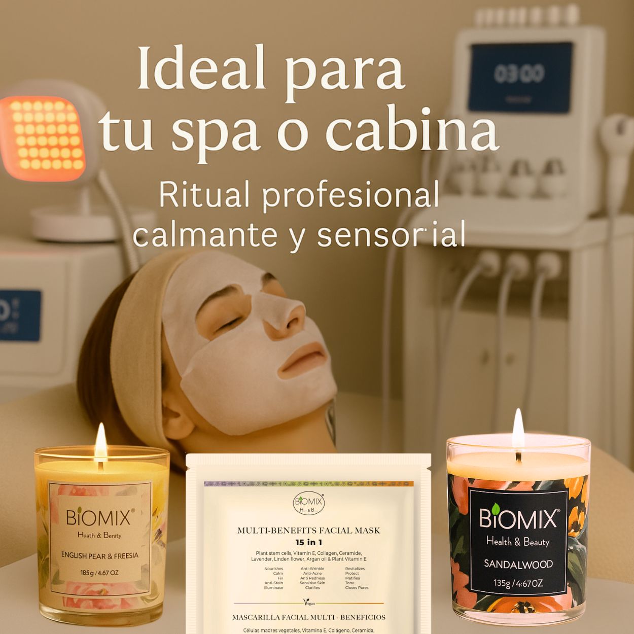 Set Spa Premium 2 Velas con Aceites Esenciales de Sándalo y Pera Fresia + 4 Mascarillas 15 en 1 con Células Madre, Colágeno, Argán y Ceramidas | Vegano