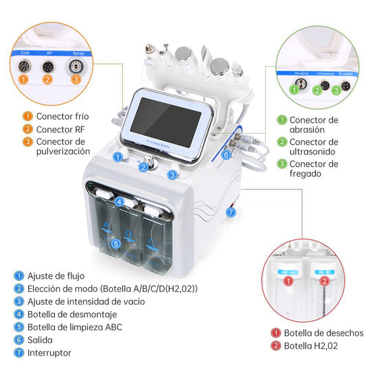 Máquina Hidrofacial 6 en 1 Limpieza Profunda, Microdermoabrasión, Radiofrecuencia, Ultrasonido, Pulverizador, Terapia Fría – Profesional para Spa y Estética