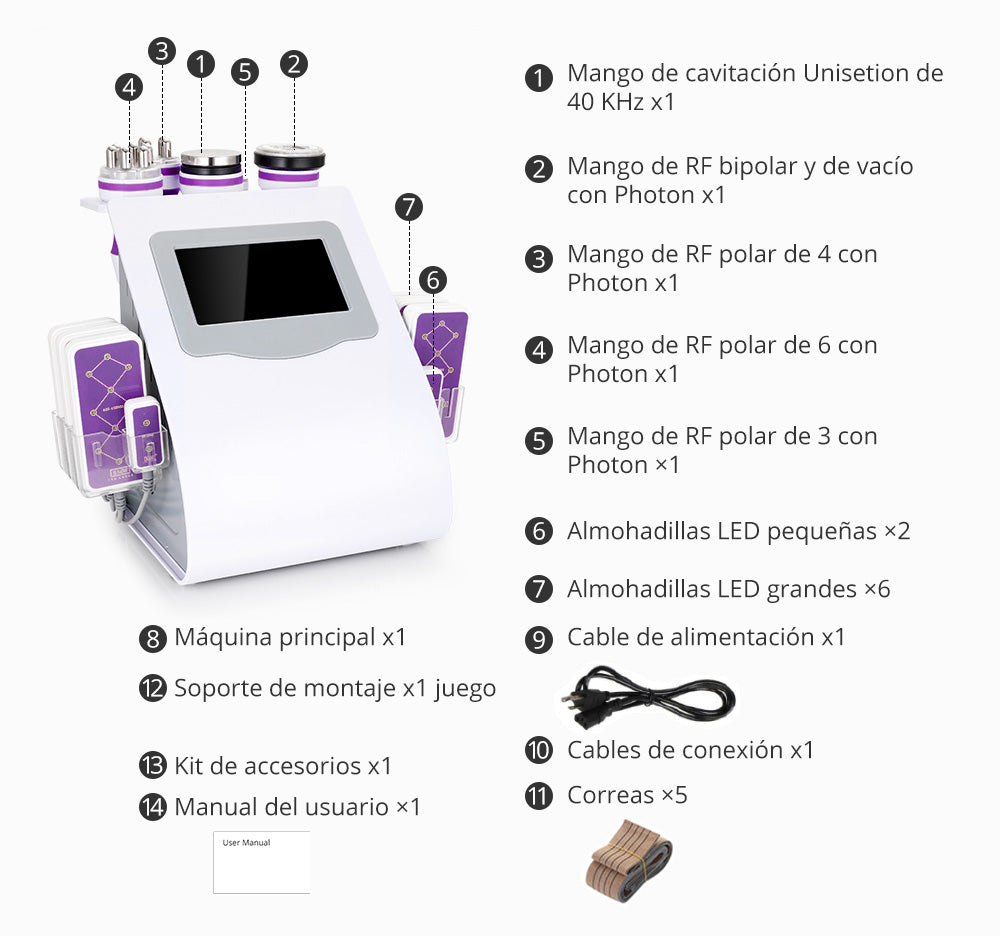 Multifunconal 6 en 1 de Cavitación Ultrasónica 40K, Radiofrecuencia, Vacum y Lipolaser de Alta Precisión