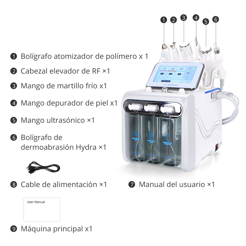 Máquina Hidrofacial 6 en 1 Limpieza Profunda, Microdermoabrasión, Radiofrecuencia, Ultrasonido, Pulverizador, Terapia Fría – Profesional para Spa y Estética