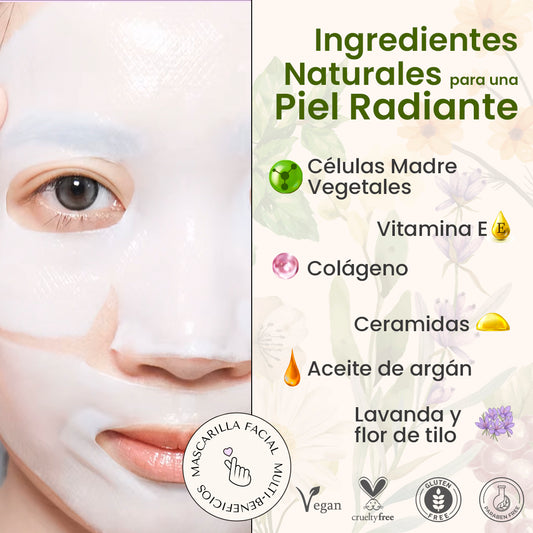 Mascarilla Facial Multi Beneficios 15 en 1 Intensiva de 3 horas con Células Madre Vegetales, Colágeno, Ceramida y Aceite de Argán