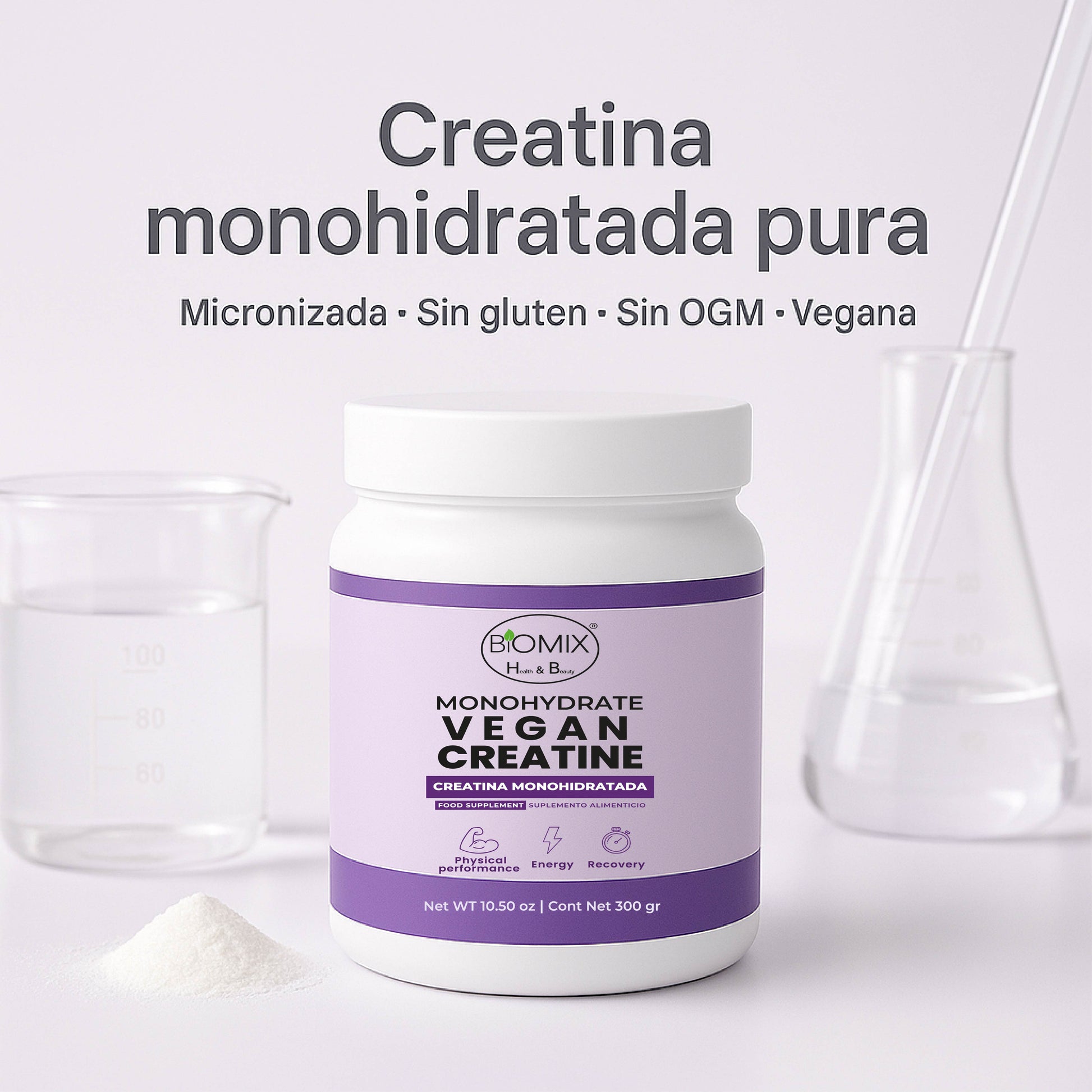 Creatina Micronizada Vegana Monohidratada Pura, Grado Premier 2X, Alta Absorción, Sin Gluten, Sin OGM, 60 Servicios