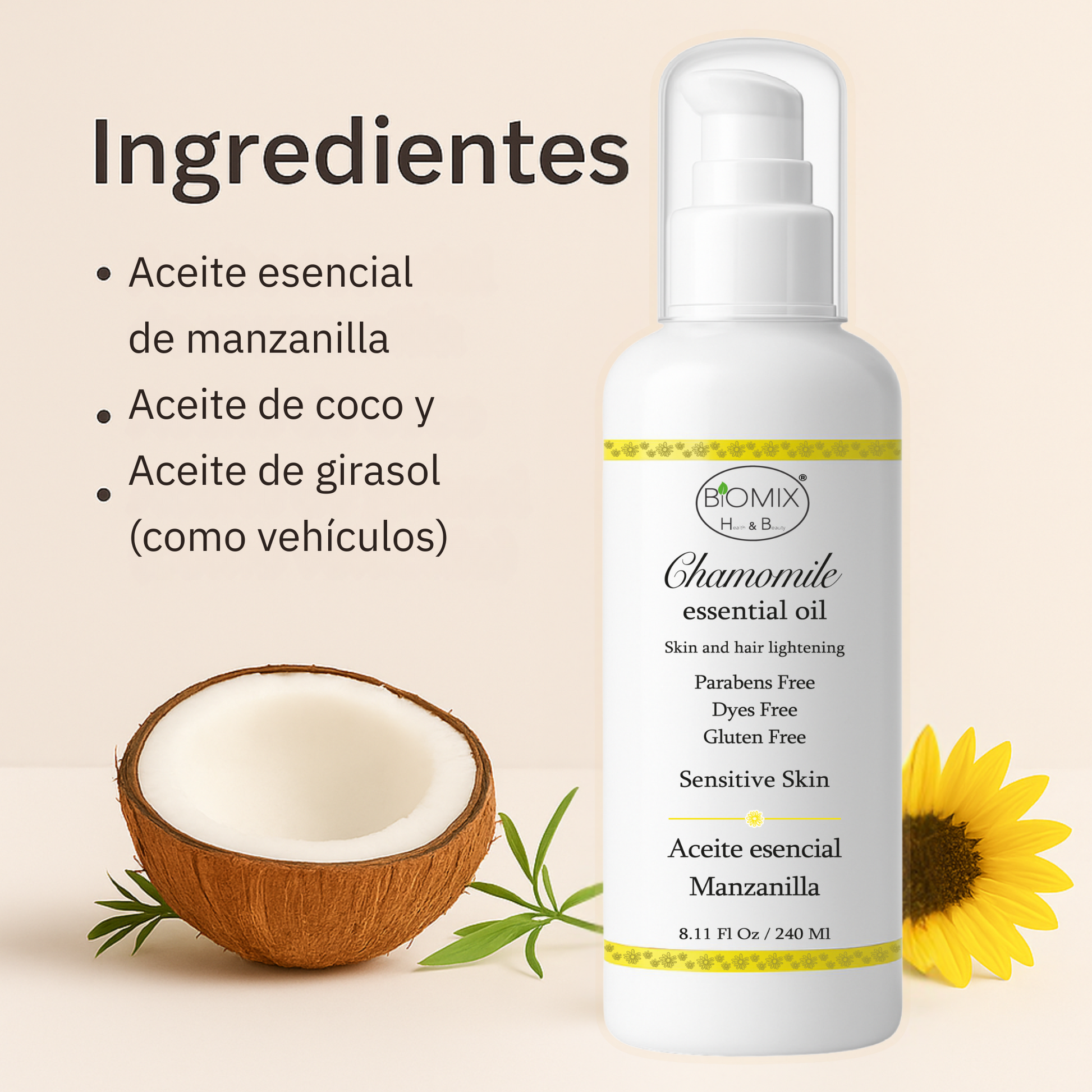 Aceite De Manzanilla Aclarante Para Cabello, Rostro Y Cuerpo 240 Ml. Uso en hogar, centros estético, spa, aparatología