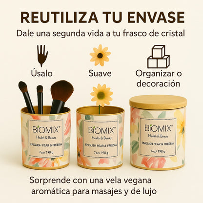 Vela de cera de  Soya y Aceite Esencial de Pera Inglesa & Fressia para masajes, aromaterapia,  100% Vegana, Natural, 132 g con Caja de Lujo, Cristal y tapa de Bamboo