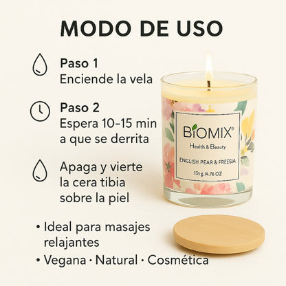 Vela de cera de  Soya y Aceite Esencial de Pera Inglesa & Fressia para masajes, aromaterapia,  100% Vegana, Natural, 132 g con Caja de Lujo, Cristal y tapa de Bamboo