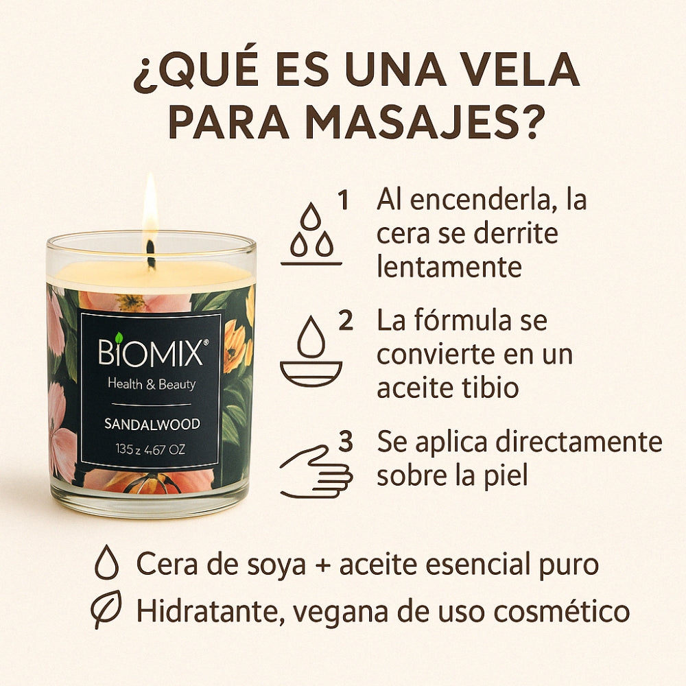 Vela de Masaje Sándalo (132 g / 4.67 oz)  Cera de soya 100% natural + Aceite esencial de Sándalo