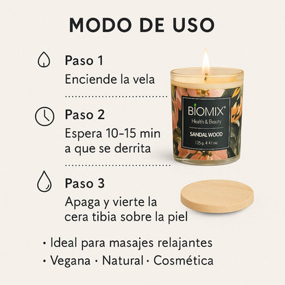 Vela de Masaje Sándalo (132 g / 4.67 oz)  Cera de soya 100% natural + Aceite esencial de Sándalo