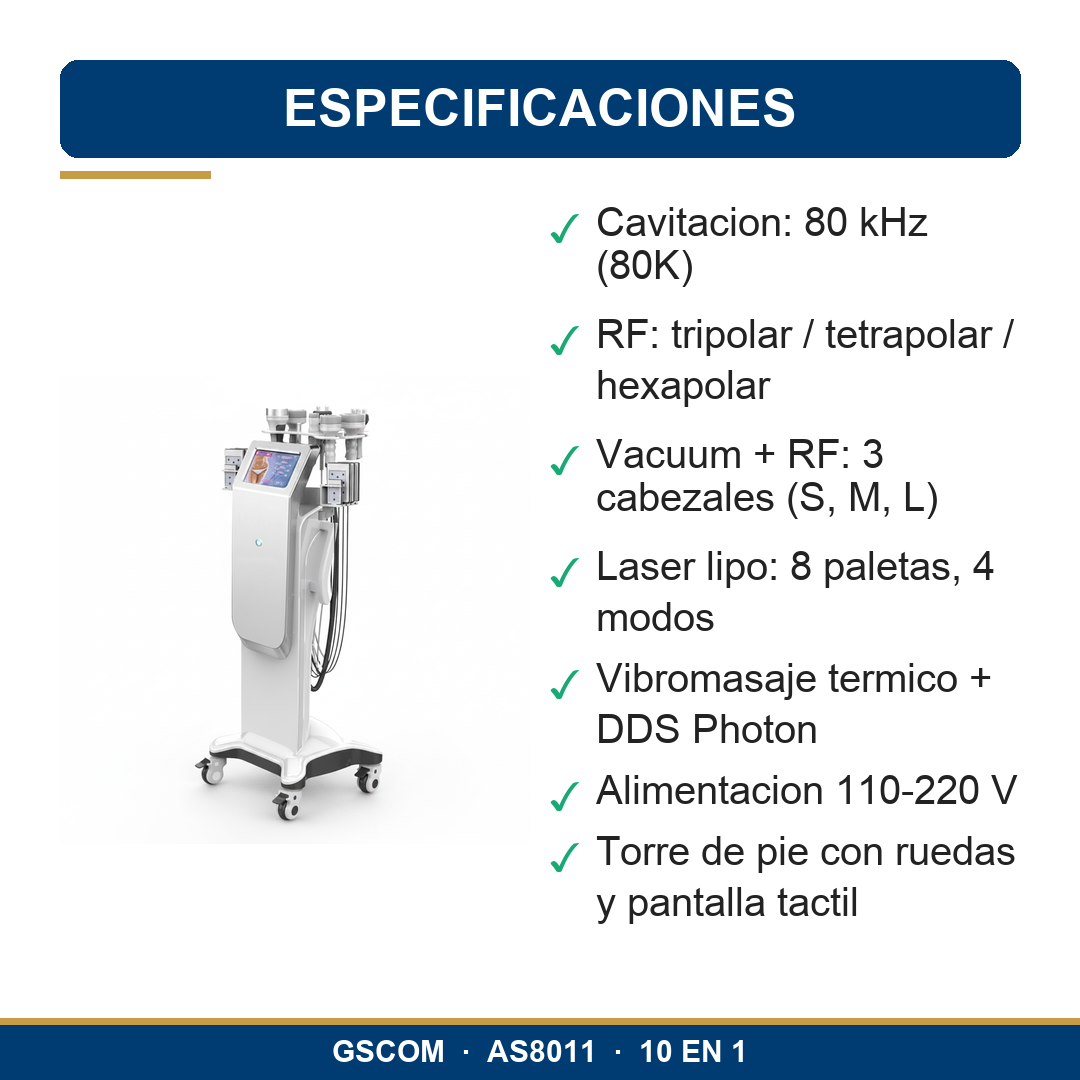 Equipo Multifuncional 10 en 1 80K Cavitacion RF Vacuum Laser Lipo Torre Profesional GSCOM AS8011