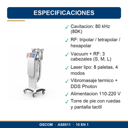 Equipo Multifuncional 10 en 1 80K Cavitacion RF Vacuum Laser Lipo Torre Profesional GSCOM AS8011