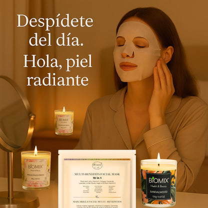 Set Spa Premium 2 Velas con Aceites Esenciales de Sándalo y Pera Fresia + 4 Mascarillas 15 en 1 con Células Madre, Colágeno, Argán y Ceramidas | Vegano