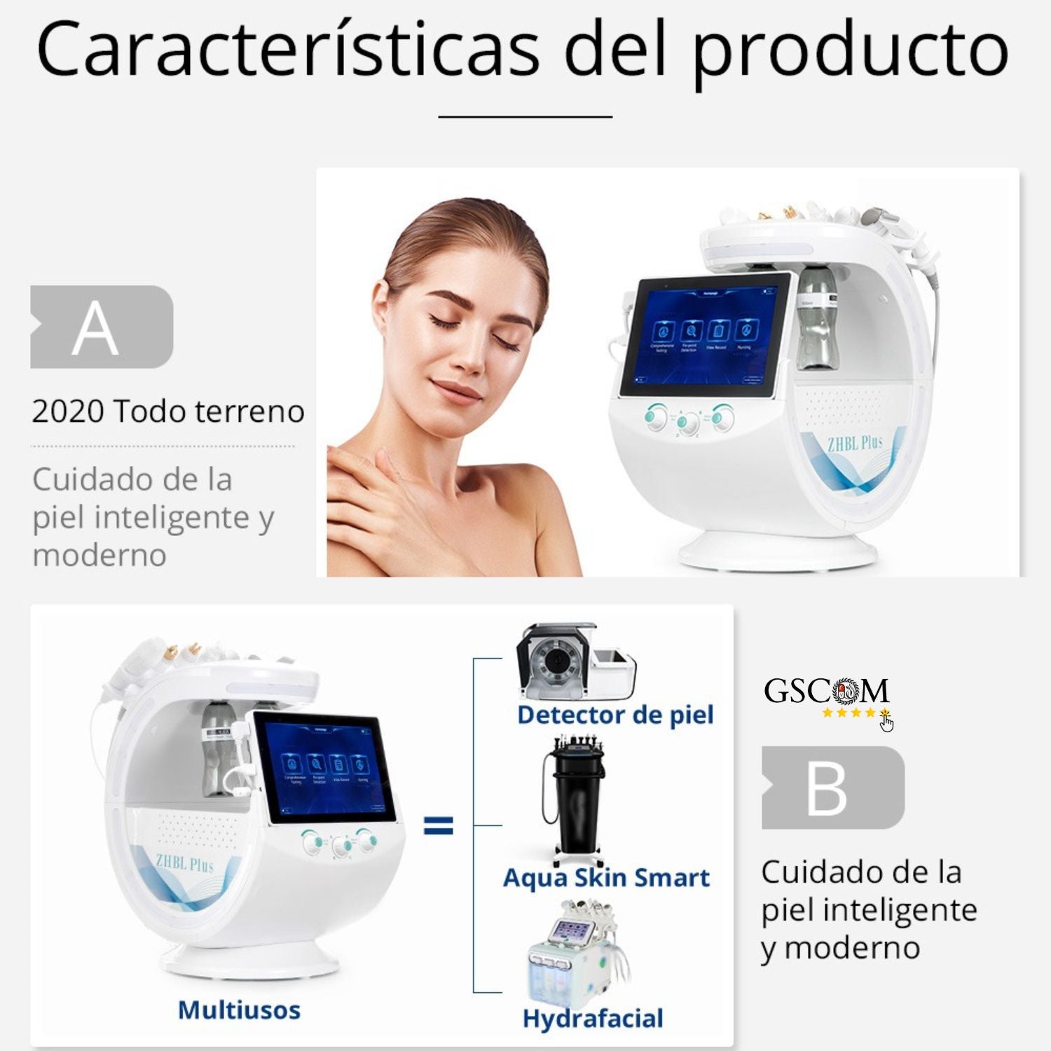 Radiofrecuencia Dorada 7 en 1  Hidrofacial con Análisis Facial IA, Pala Ultrasónica, Nano Spray, Ultrasonido y Cabezal Frío, Smart Ice Blue