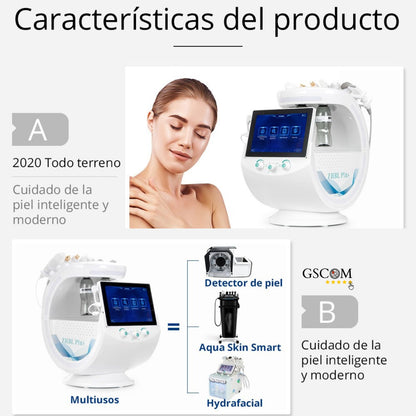 Radiofrecuencia Dorada 7 en 1  Hidrofacial con Análisis Facial IA, Pala Ultrasónica, Nano Spray, Ultrasonido y Cabezal Frío, Smart Ice Blue
