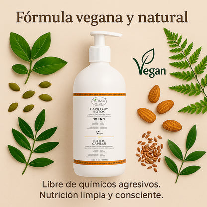 Botox Capilar Vegano Hipoalergénico Keratina, Colágeno, Aceite de Argán, Células Madres Vegetales, Vitaminas Para Todos Los Cabellos 500 Ml