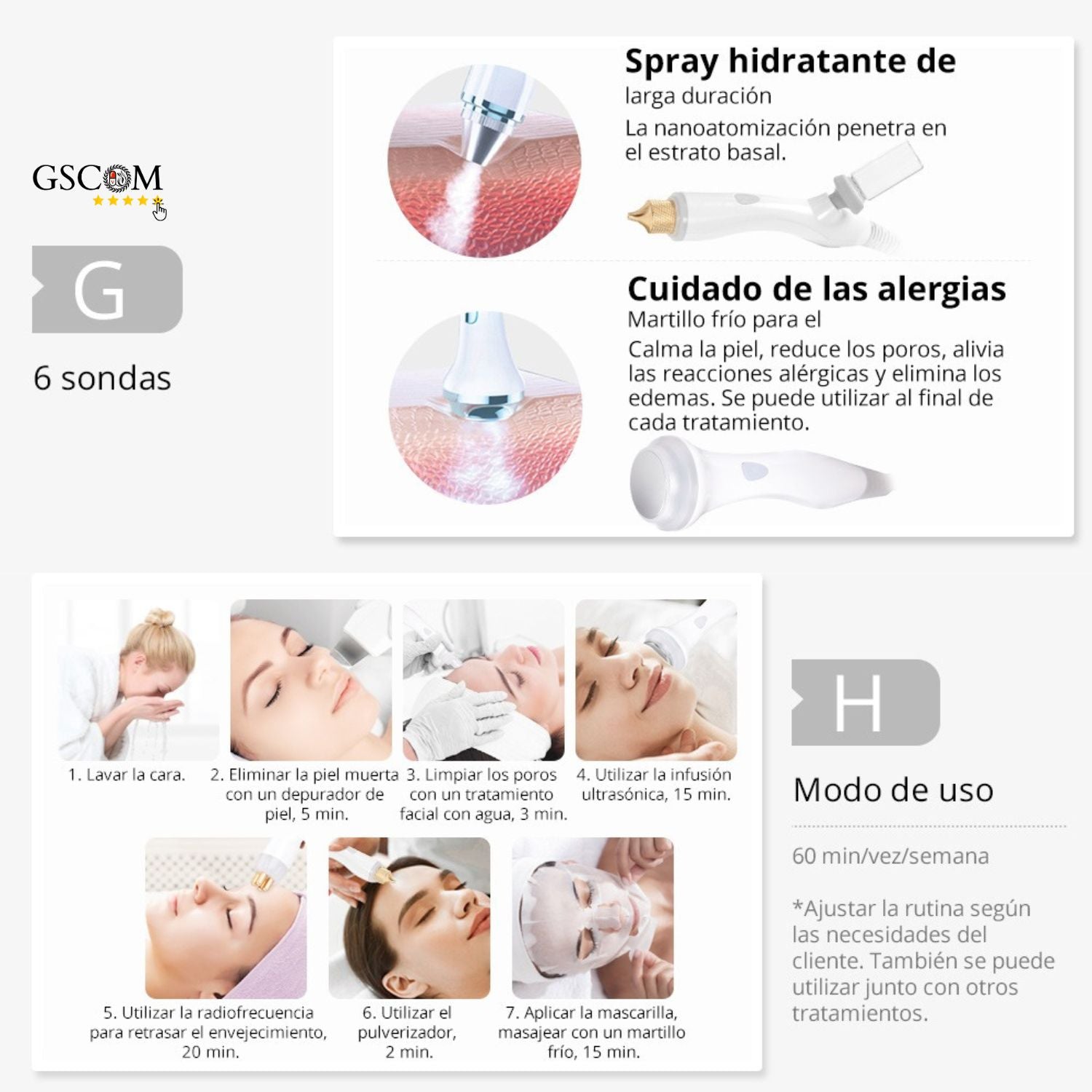 Radiofrecuencia Dorada 7 en 1  Hidrofacial con Análisis Facial IA, Pala Ultrasónica, Nano Spray, Ultrasonido y Cabezal Frío, Smart Ice Blue