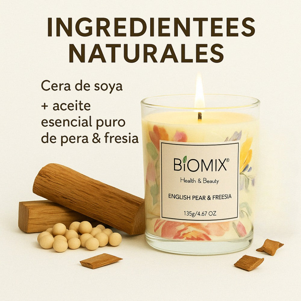 Vela de cera de  Soya y Aceite Esencial de Pera Inglesa & Fressia para masajes, aromaterapia,  100% Vegana, Natural, 132 g con Caja de Lujo, Cristal y tapa de Bamboo