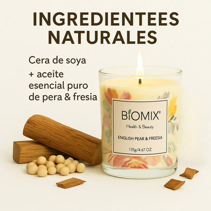 Vela de cera de  Soya y Aceite Esencial de Pera Inglesa & Fressia para masajes, aromaterapia,  100% Vegana, Natural, 132 g con Caja de Lujo, Cristal y tapa de Bamboo