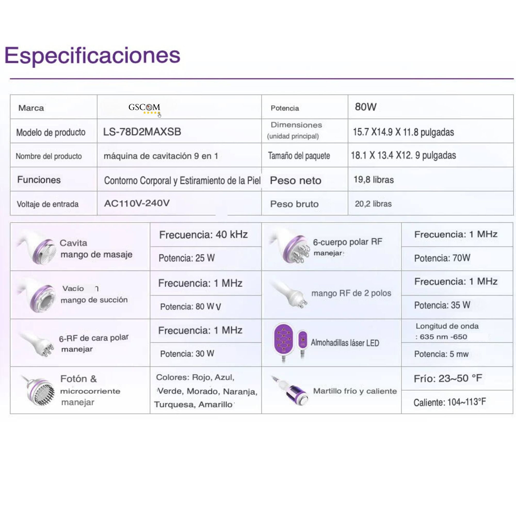 Multifuncional 9 en 1 Pro 2.5 para Spa y Estética – Cavitación 40K, Radiofrecuencia, Vacío, Láser Lipolítico y Rejuvenecimiento Facial