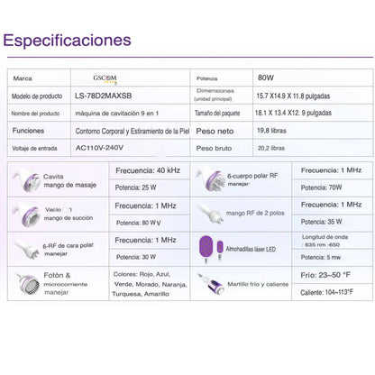 Multifuncional 9 en 1 Pro 2.5 para Spa y Estética – Cavitación 40K, Radiofrecuencia, Vacío, Láser Lipolítico y Rejuvenecimiento Facial