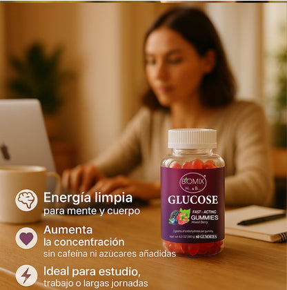 Gomitas De Glucosa De Acción Rápida 100% Veganas Libres de Gluten, Sin azúcares añadidas - Sabor Bayas Mixtas - Frasco con 60 Gomitas de 3 gr