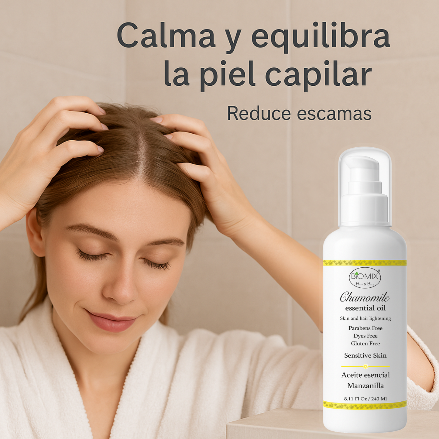 Aceite De Manzanilla Aclarante Para Cabello, Rostro Y Cuerpo 240 Ml. Uso en hogar, centros estético, spa, aparatología