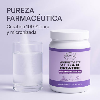 Creatina Micronizada Vegana Monohidratada Pura, Grado Premier 2X, Alta Absorción, Sin Gluten, Sin OGM, 60 Servicios