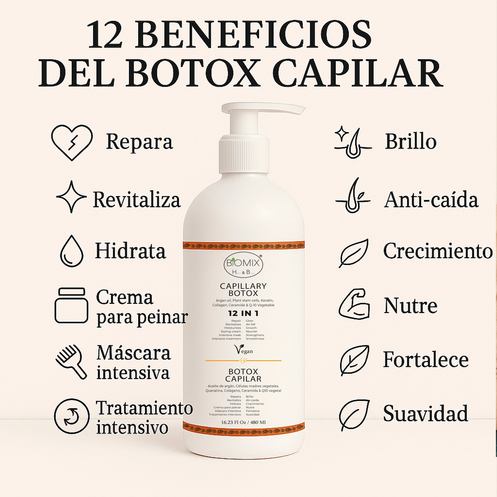 Botox Capilar Vegano Hipoalergénico Keratina, Colágeno, Aceite de Argán, Células Madres Vegetales, Vitaminas Para Todos Los Cabellos 500 Ml
