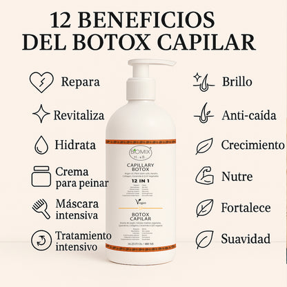 Botox Capilar Vegano Hipoalergénico Keratina, Colágeno, Aceite de Argán, Células Madres Vegetales, Vitaminas Para Todos Los Cabellos 500 Ml