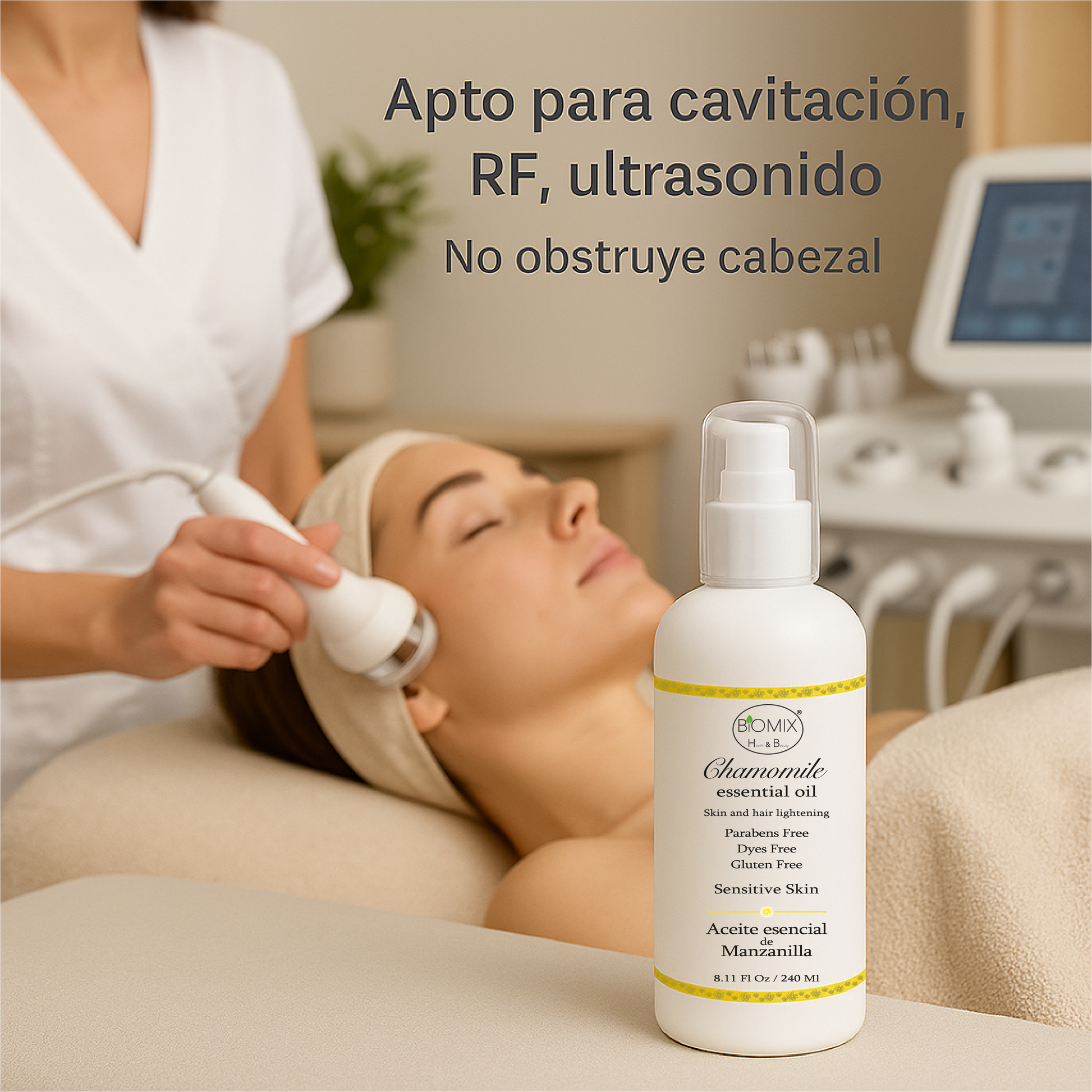 Aceite De Manzanilla Aclarante Para Cabello, Rostro Y Cuerpo 240 Ml. Uso en hogar, centros estético, spa, aparatología