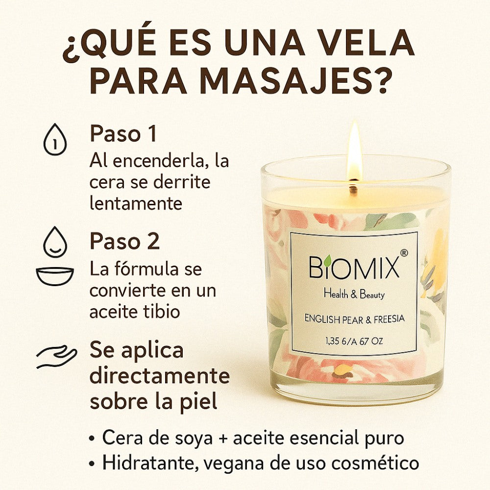 Vela de cera de  Soya y Aceite Esencial de Pera Inglesa & Fressia para masajes, aromaterapia,  100% Vegana, Natural, 132 g con Caja de Lujo, Cristal y tapa de Bamboo