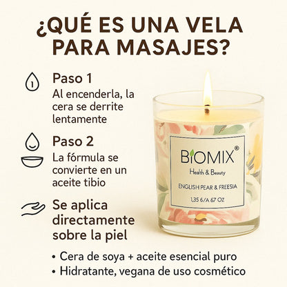 Vela de cera de  Soya y Aceite Esencial de Pera Inglesa & Fressia para masajes, aromaterapia,  100% Vegana, Natural, 132 g con Caja de Lujo, Cristal y tapa de Bamboo