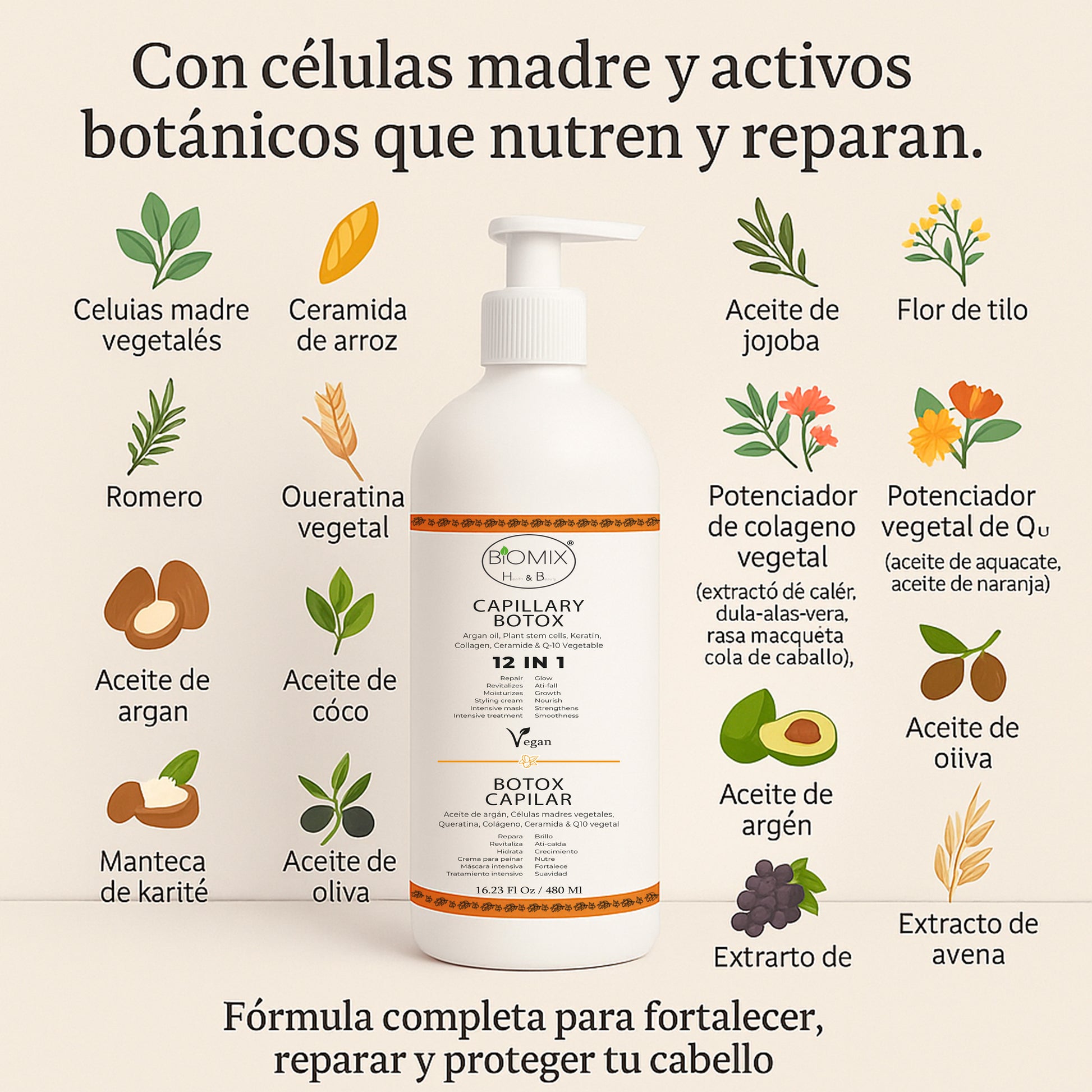 Botox Capilar Vegano Hipoalergénico Keratina, Colágeno, Aceite de Argán, Células Madres Vegetales, Vitaminas Para Todos Los Cabellos 500 Ml