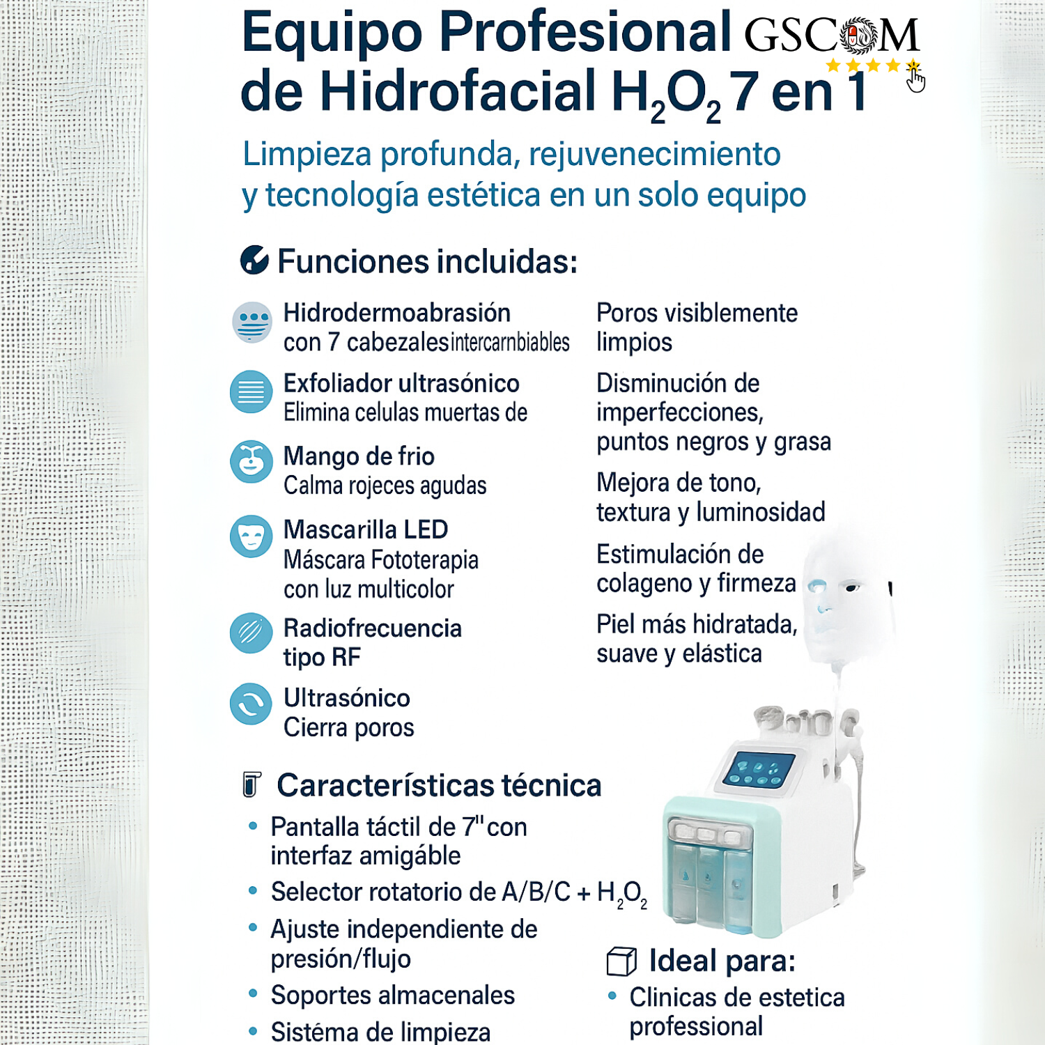 Máquina Hidrofacial 7 en 1  Limpieza Profunda, Microdermoabrasión, Radiofrecuencia, Ultrasonido, Pulverizador, Terapia Fría, Máscara LED – Profesional para Spa y Estética