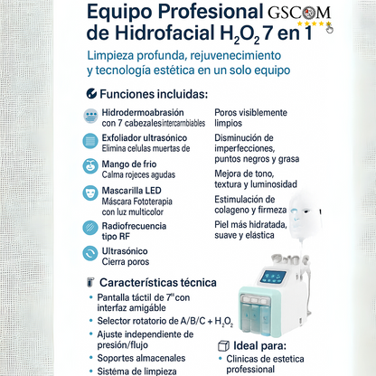 Máquina Hidrofacial 7 en 1  Limpieza Profunda, Microdermoabrasión, Radiofrecuencia, Ultrasonido, Pulverizador, Terapia Fría, Máscara LED – Profesional para Spa y Estética