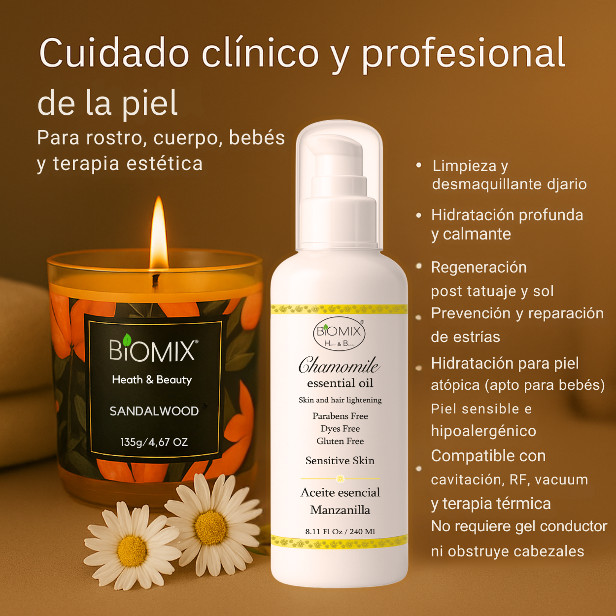 Aceite De Manzanilla Aclarante Para Cabello, Rostro Y Cuerpo 240 Ml. Uso en hogar, centros estético, spa, aparatología