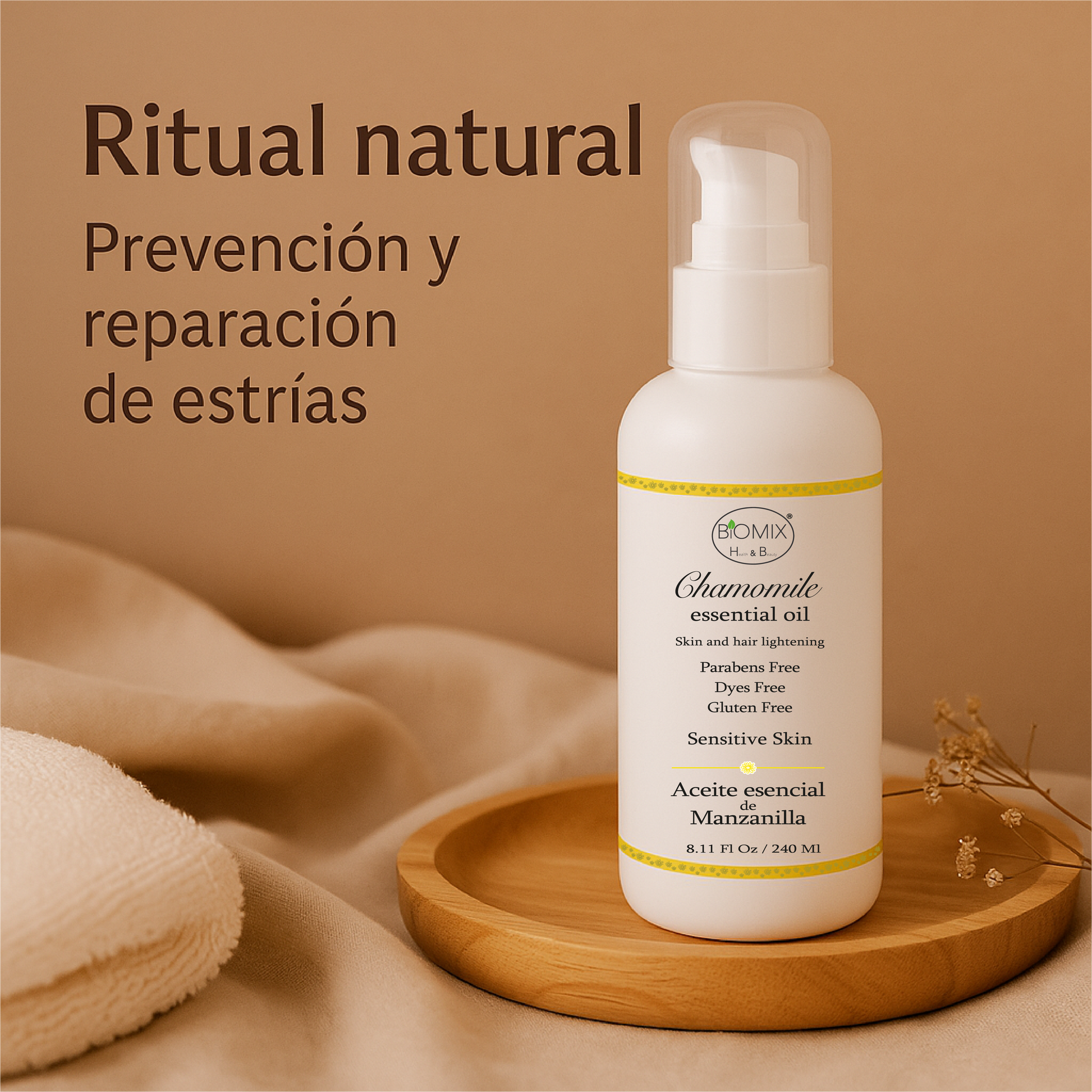 Aceite De Manzanilla Aclarante Para Cabello, Rostro Y Cuerpo 240 Ml. Uso en hogar, centros estético, spa, aparatología