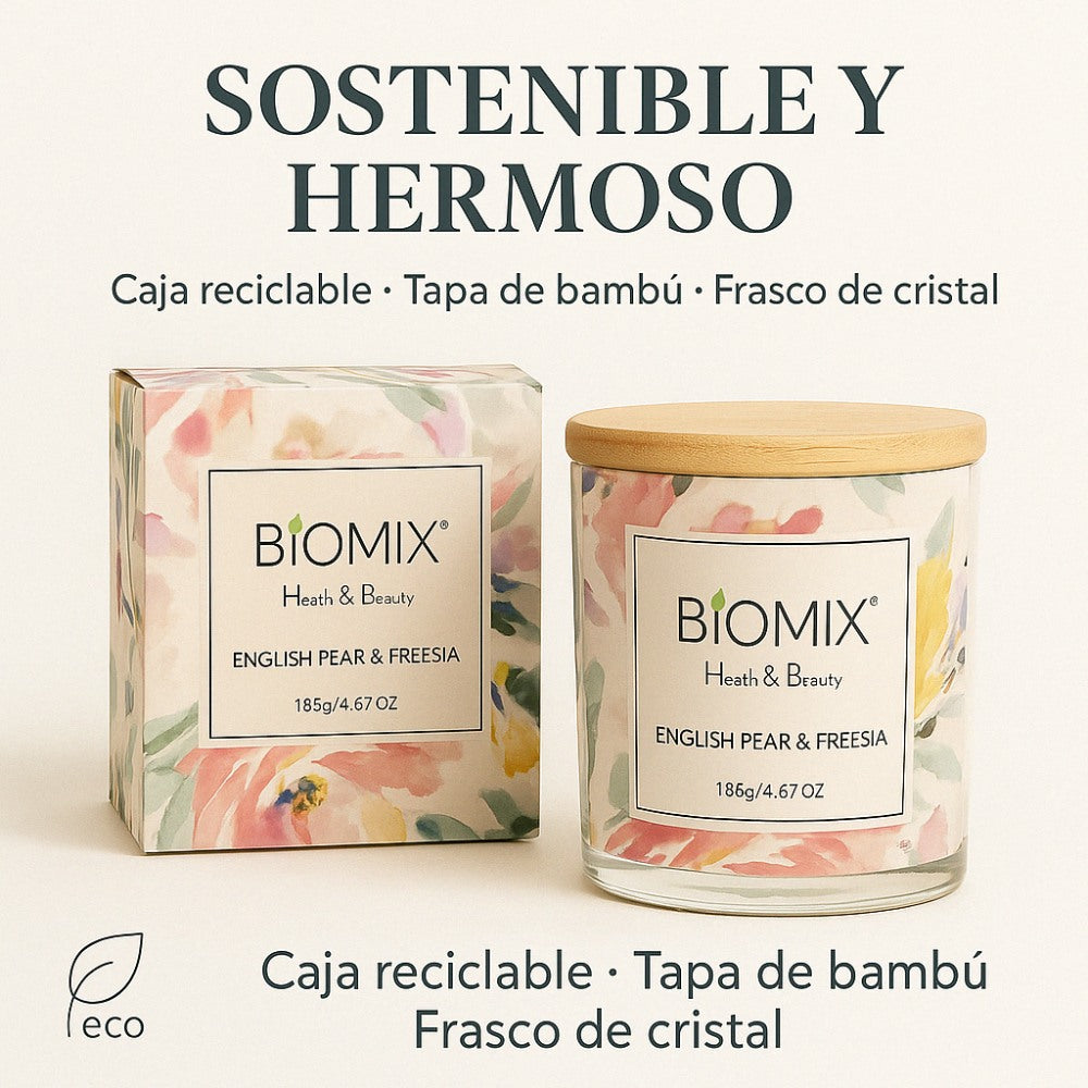 Vela de cera de  Soya y Aceite Esencial de Pera Inglesa & Fressia para masajes, aromaterapia,  100% Vegana, Natural, 132 g con Caja de Lujo, Cristal y tapa de Bamboo