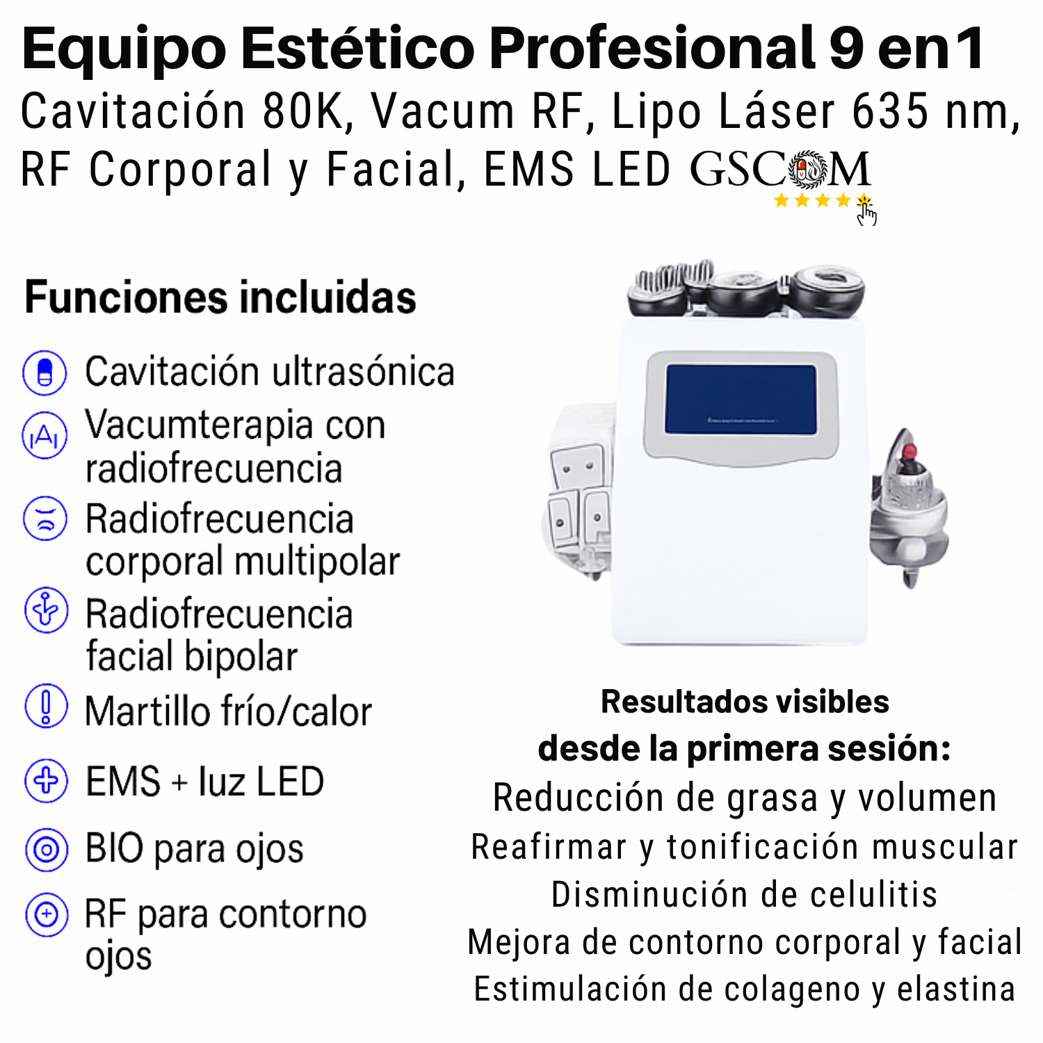 Equipo Estético Profesional de Radiofrecuencia 9 en 1 con Cavitación 80K, Vacum, Lipo Láser, RF Corporal y Facial, EMS LED, Martillo Frío/Calor, BIO y Ojos